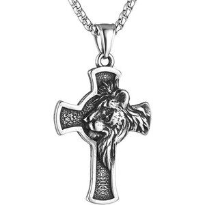 Silver Stainless Steel Lion Head Cross Necklace Gothic Pendant  22+2in Chain